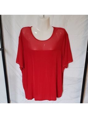 Ladies BENTLEY Short Sleeve Blouse with Sheer Neck in Red. 2X
